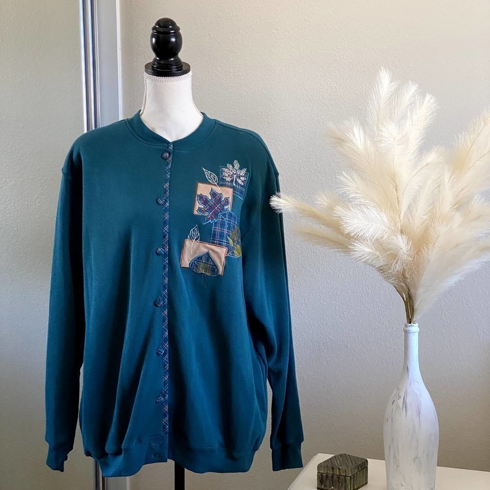 Vintage Alfred Dunner |  Green Fall Patch Button Down Sweater | Size: XL